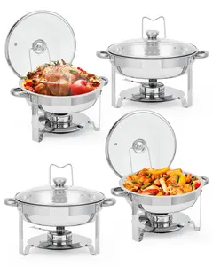 GARVEE Set of 4 Stainless Steel 5 QT Round Buffet Servers with Glass Lids, Holders & Drip Trays - Ideal Food Warmers for Catering, Parties, Weddings, and Banquets in Silver