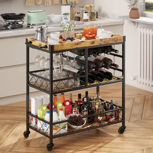 Gizoon Bar Cart, 3 Tier Coffee Cart with Lockable Wheels, 12-Bottle Wine Rack, and Hanging Glass Holder, Kitchen Rack with Removable Tray, for Kitchen, Dining Room, Entertaining, Club Party,Retro