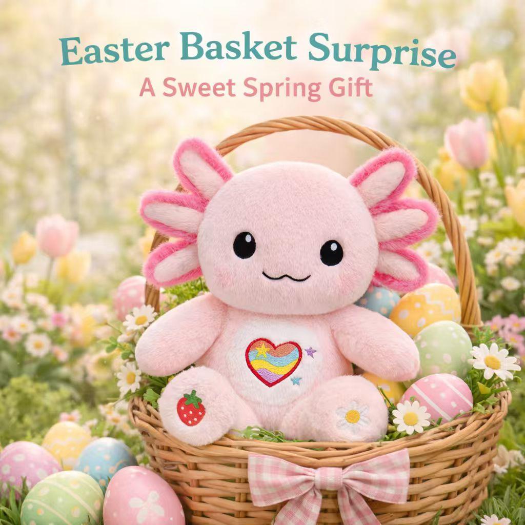 Pink Axolotl Plush Stuffed Animal, 10.6 Inch Soft Kawaii Axolotl Plush Toy with Rainbow Heart Embroidery, Cute Pink Plush Doll for Room Decor, Birthday Gift for Girls, Boys and Plush Lovers