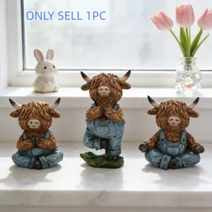 Cute Highland Cow Yoga Figurine, Adorable Resin Desktop Decor, Healing Home Accessory, Single Piece, Perfect for Desk Decoration