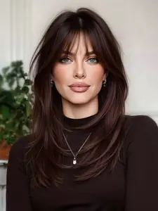 Full Bangs Wig, Straight Layered Wigs, Straight Hair 14 Inches, Women's Full Head Cap, Natural Daily Look, Natural Looking Wig, Heat Resistant Fiber, Suitable for Any Occasion