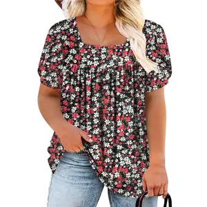 VOGARCE Womens-Plus-Size-Summer-Tops Petal Short Sleeve T Shirts Square Neck Blouses Flowy Pleated Tunics XL-5XL VPS0119