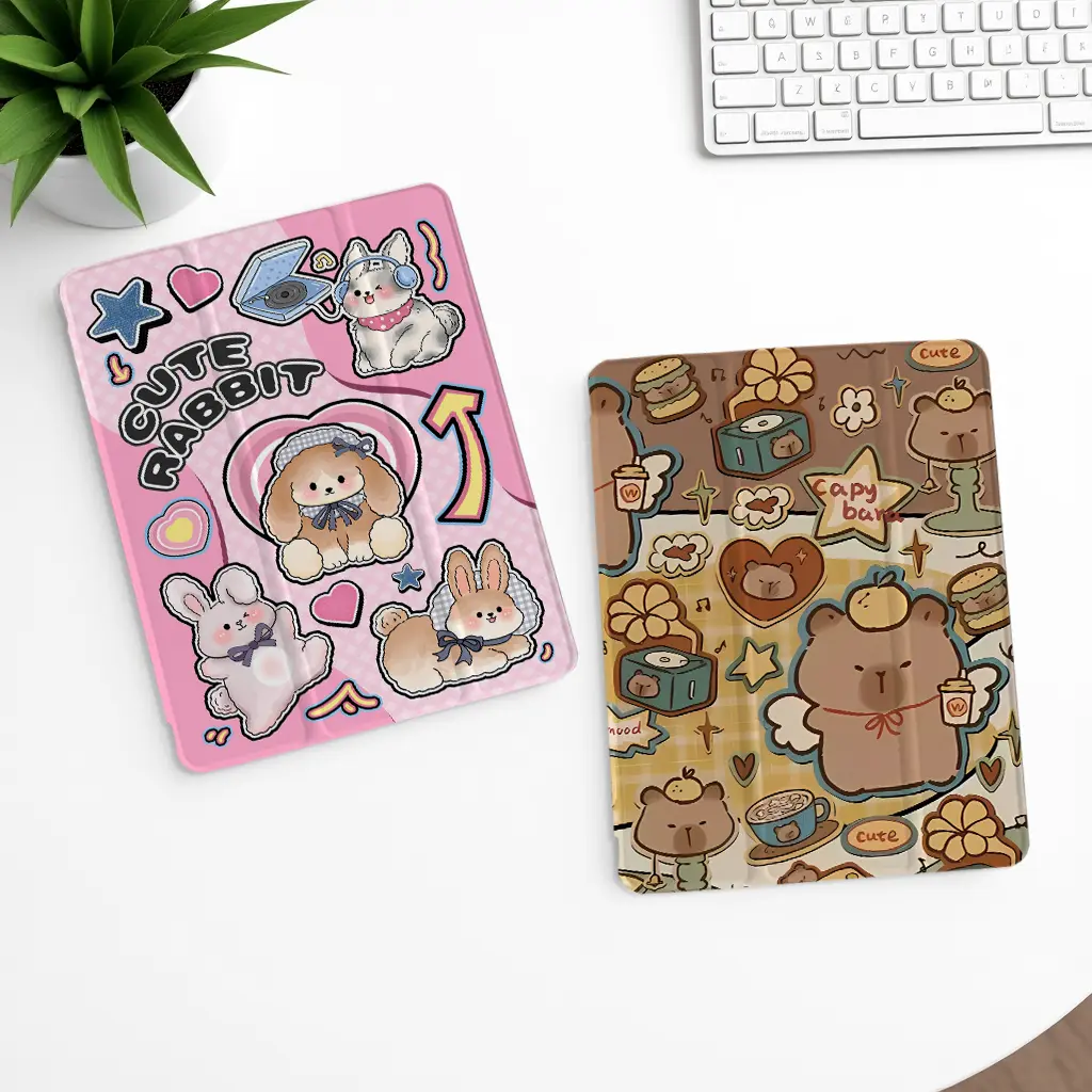Cute Rabbit - Style Stickers Sleek Smart Trifold Case Fits for iPad Mini4/5/6/7, 4/5/6/7, Gen5/6/7/8/9/10/11, Pro11"(2020-2025) Pro Galaxy Tab S6 Lite/S10 lite, A9+, S7/S8/S9/S9FE/S10FE, S7+/S8+/S9+/S10 Auto Wake/Sleep & Durable Protection【HD080】