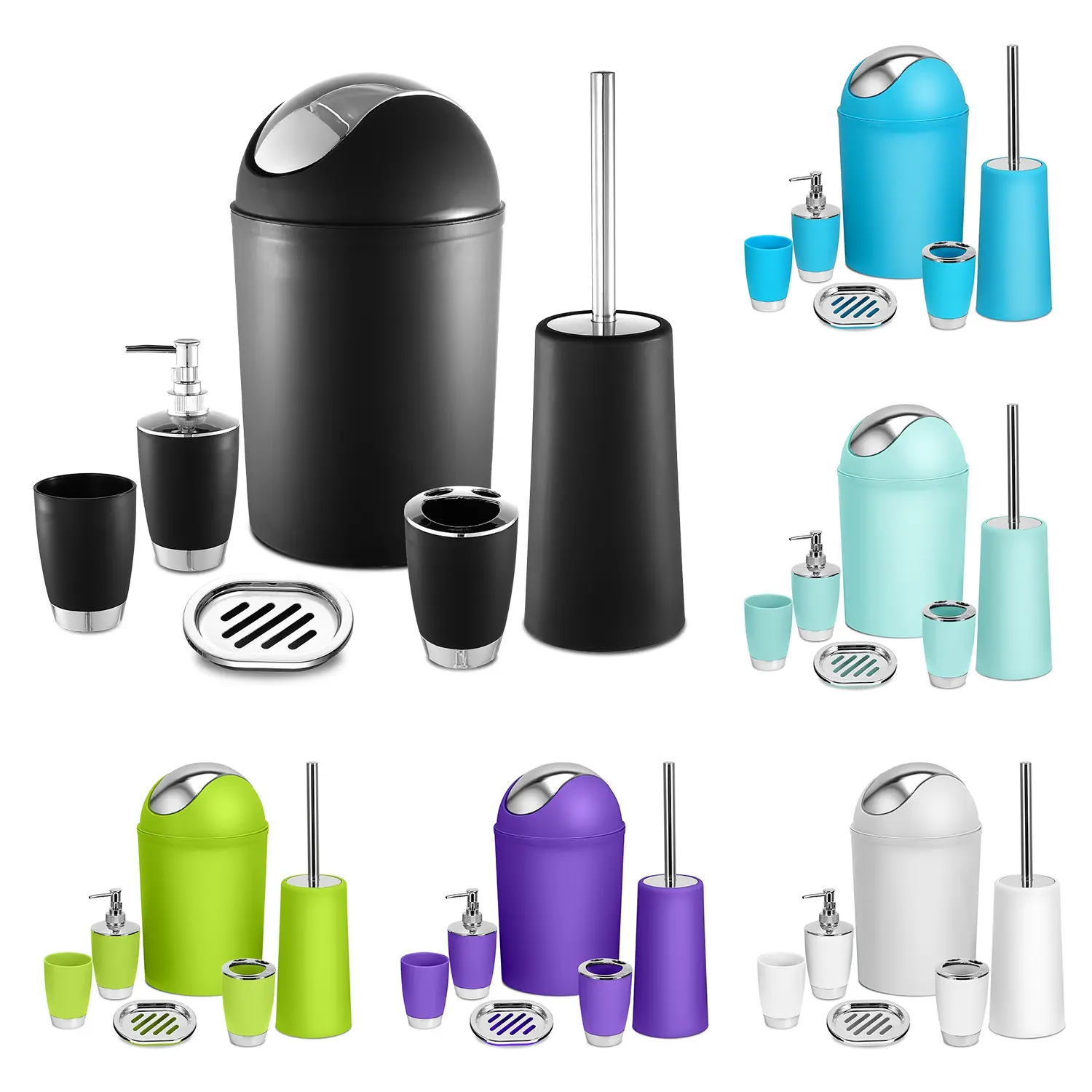 Durable 6-Piece Shatterproof Plastic Chrome Frame Bathroom Accessories Set - Aqua Vanity Ensemble with Soap Dispenser, Trash Can, Toilet Cleaning Brush, Toothbrush Holder, Bathroom Sets Full Set, Bath Decor