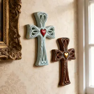 Halloween Wooden Heart Cross Wall Hanging Decoration, Resin Cross Ornament, Decorative Wood Look Cross Figurine, Home Decor Accessory