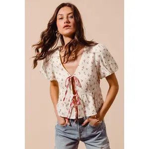 SO ME Ditsy Floral Print Gauze Tie-Front Blouse