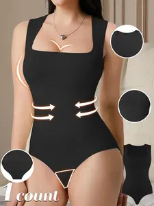Women's Solid Square Neck Shapewear Bodysuit, Tummy Control Sleeveless Seamless Shaper, Women's Shapewear for All Seasons