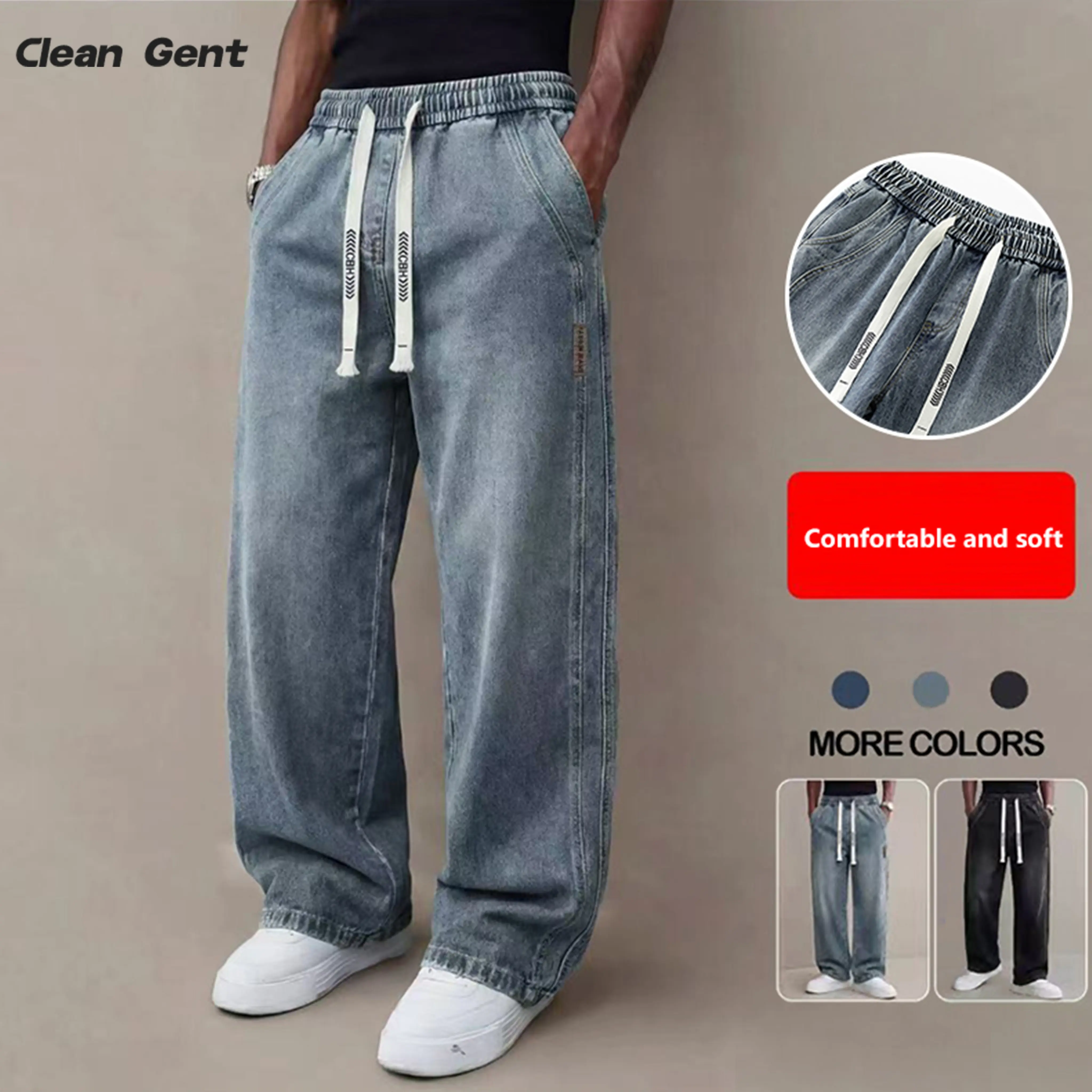 Clean Gent men’s drawstring-waist jeans with a vintage water wash and straight cut; casual wear featuring a drawstring design. Comfortable, soft street-style long pants suitable for all seasons—ideal for everyday and outdoor wear.