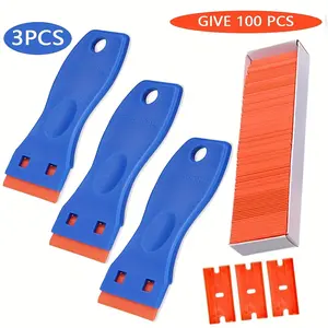 3pcs Scraper Tool Kit with 100 Blades, Plastic Razor Blade Scraper for Car Window Decals & Stickers - No-Scratch Adhesive Remover for Windscreen, Paint, Glass, Auto Detailing