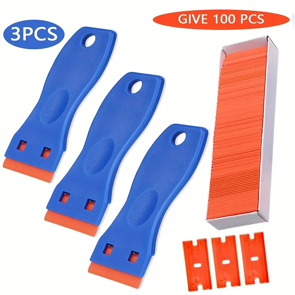 3pcs Plastic Razor Blade Scraper Tool Kit with 100 Blades - No-Scratch Adhesive Removal Tool for Auto Detailing, Glass Surfaces, Car Owners' Maintenance Tasks