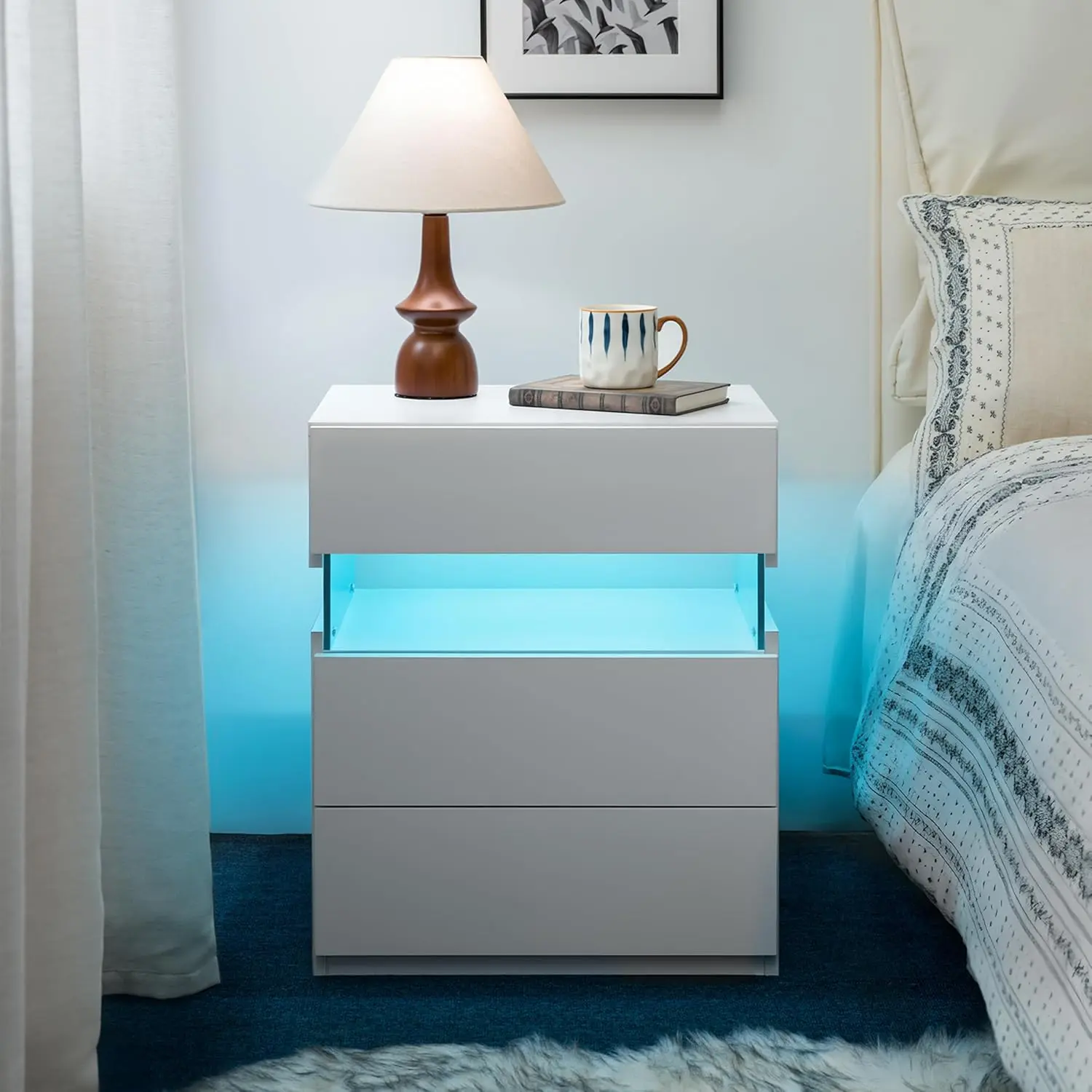 Modern Nightstand with RGB LED Lights, 3 Drawers, Acrylic Panel, Storage Shelf, Cube, White Indoor Furniture - 23.64x17.93x8.07in, Assembly Required, Necessary Parts Included for Bedroom End Side Table