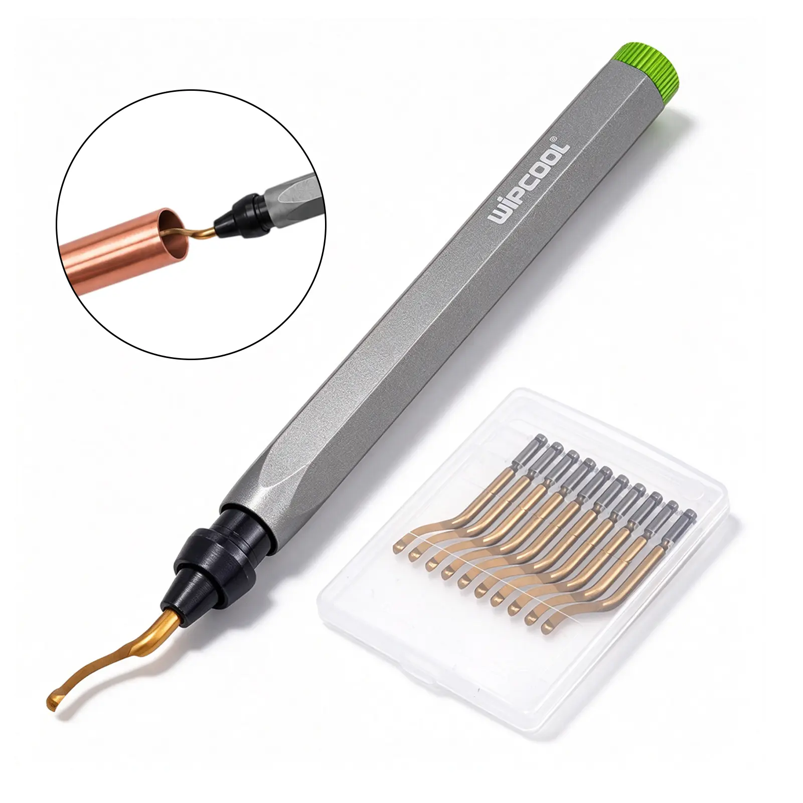 WIPCOOL HD-1 Multi-Material Deburring Tool Kit, 360° Swivel Titanium-Coated Reamer with 10 Spare Blades, Burr Edge Removal Tool for Tight Corners, Copper, Plastic, Resin & 3D Printing