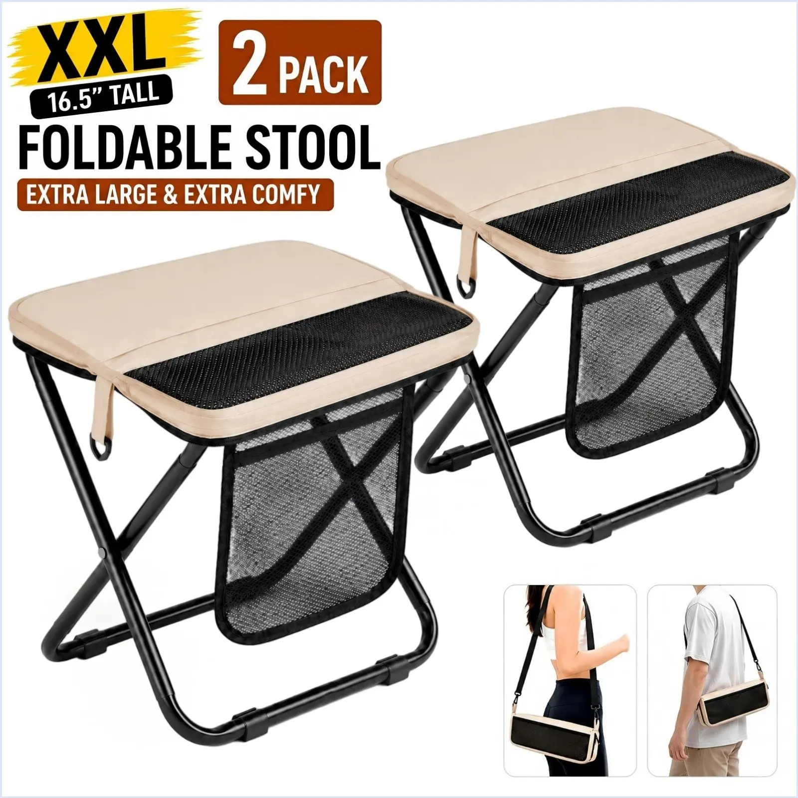 Wstrnix 16"/14" Extra Tall Collapsible Stool for Adults - Sturdy Heavy Duty 2-in-1 Portable Seat with Shoulder Strap, Lightweight for Camping, Campfire Events
