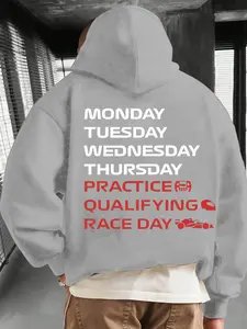 Men's Black Racing Schedule Hoodie with Weekly Motorsport Calendar Print, Causal Long Sleeves Top, Featuring PRACTICE/QUALIFYING/RACE DAY Red Accent Details for F1 Fans