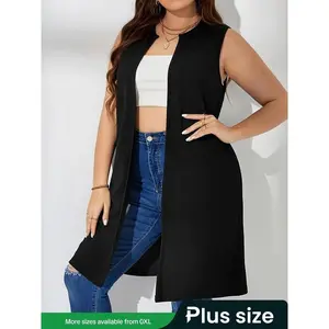 ��Plus Size�� Solid Color Open Front Waistcoat, Casual Sleeveless Longline Outerwear for Spring & Fall, Women's Clothes for Daily Wear, Shrug?Vest(Sheet)