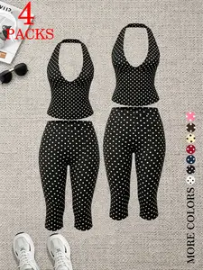 2 Pcs Women Polka Dot 2 Piece Outfit, V Neck Halter Crop Top & High Waist Capri Leggings Set, Y2K Slim Fit Loungewear Tracksuit for Casual Workout Streetwear