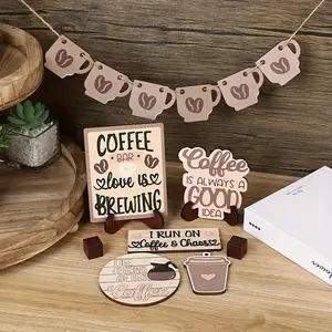 Coffee Themed Wooden Decoration, 15pcs/set Creative Tiered Tray Decoration, Desktop Decoration for Coffee Shop Bar Home, Ornaments