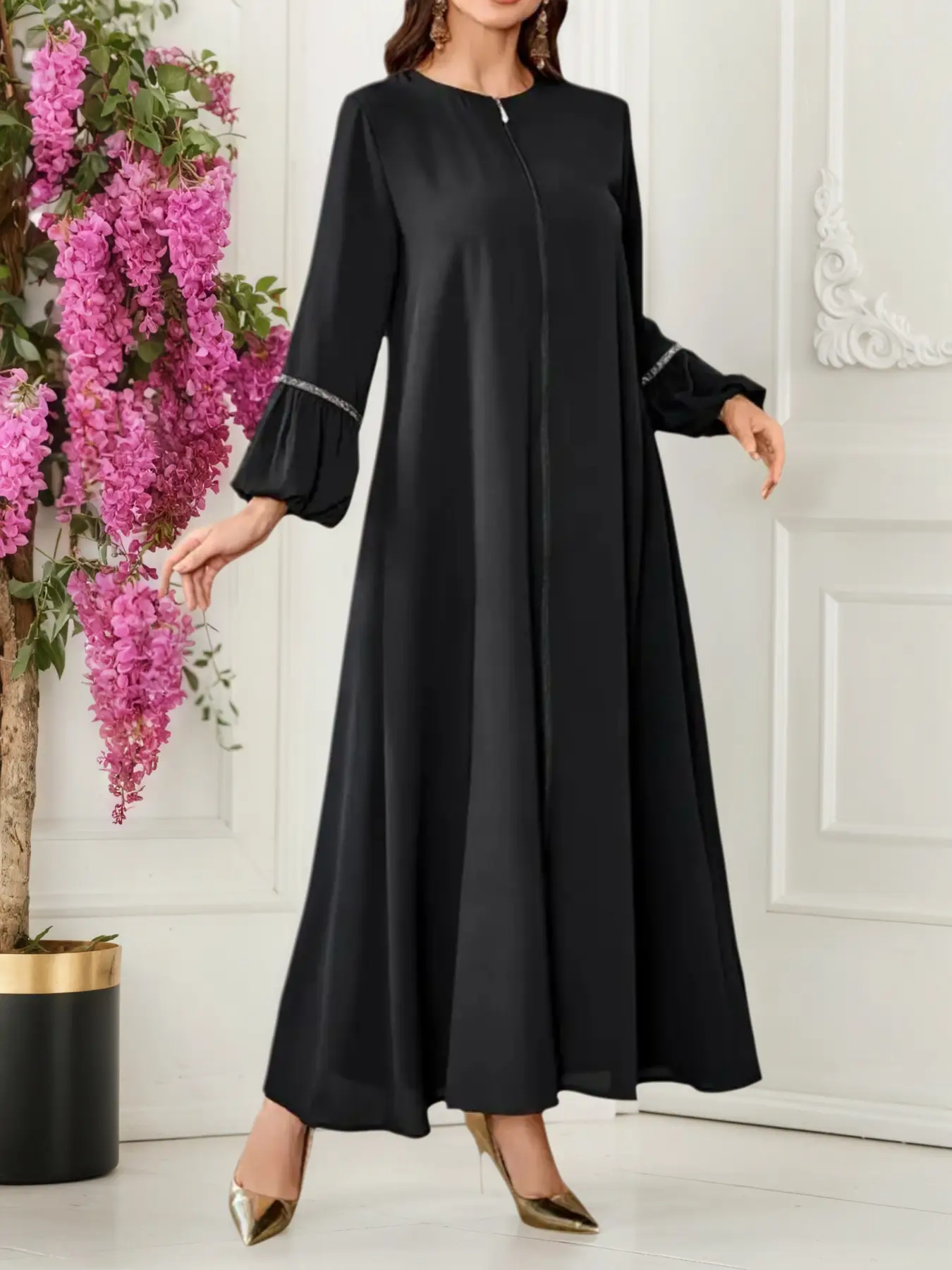 Elegant Long Robe Round Neck Zipper Lantern Sleeve Women's Fashion Solid Color Loose Arab Dress, Casual All Seasons Wear, Muslim Women Gowns