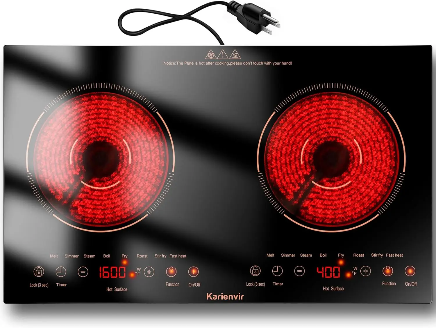 2 Burner Electric Cooktop Electric Stove Countertop & Built-in, Plug-in Electrics Cooktop, Multiple Power Levels & Functions, Touch Control, Safety Lock, Timer