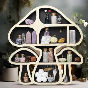 FNYDOX Mushroom Gifts Wooden Decorative Wall Shelf Crystal Display Shelf Cute Trincket Shelf Floating Shelves Rock Gem Stone Storage Organizer Essential Oil Holder Hanging Case Meditation Art Spiritual Gift