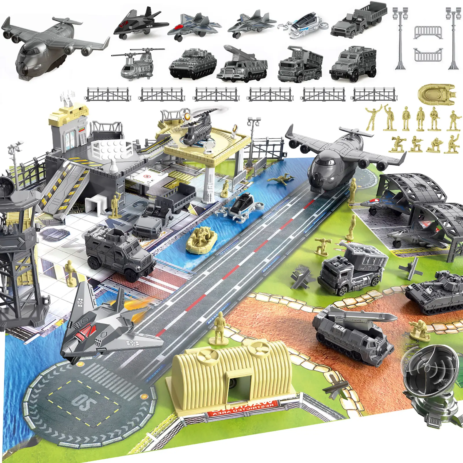 Frontoytall Military Base Building Toyset with Airplane, Tank, Truck, Helicopter, Fighter Jet, Army Men Action Figures, Watchtower, Battle Mat & Accessories for Boys Age 3-12