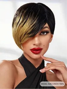 Stylish 6 Inch Human Hair Pixie Cut Wig With Bangs For Women 1B 27 Blonde And Orange Color Options Natural Straight Style Brazilian Human Hair Machine Made Construction Rose Net Cap Lightweight And Breathable Perfect For Daily Wear And Effortless Chic Exc