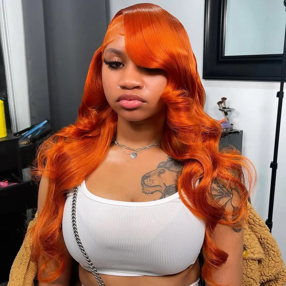 180 Density Dark Ginger Orange Body Wave Human Hair Wig Transparent Lace Front Wig For Woman Ginger Brown Colored 13X4 Lace Frontal Wig Preplucked Brazilian Remy Hair Wig 40 Inch