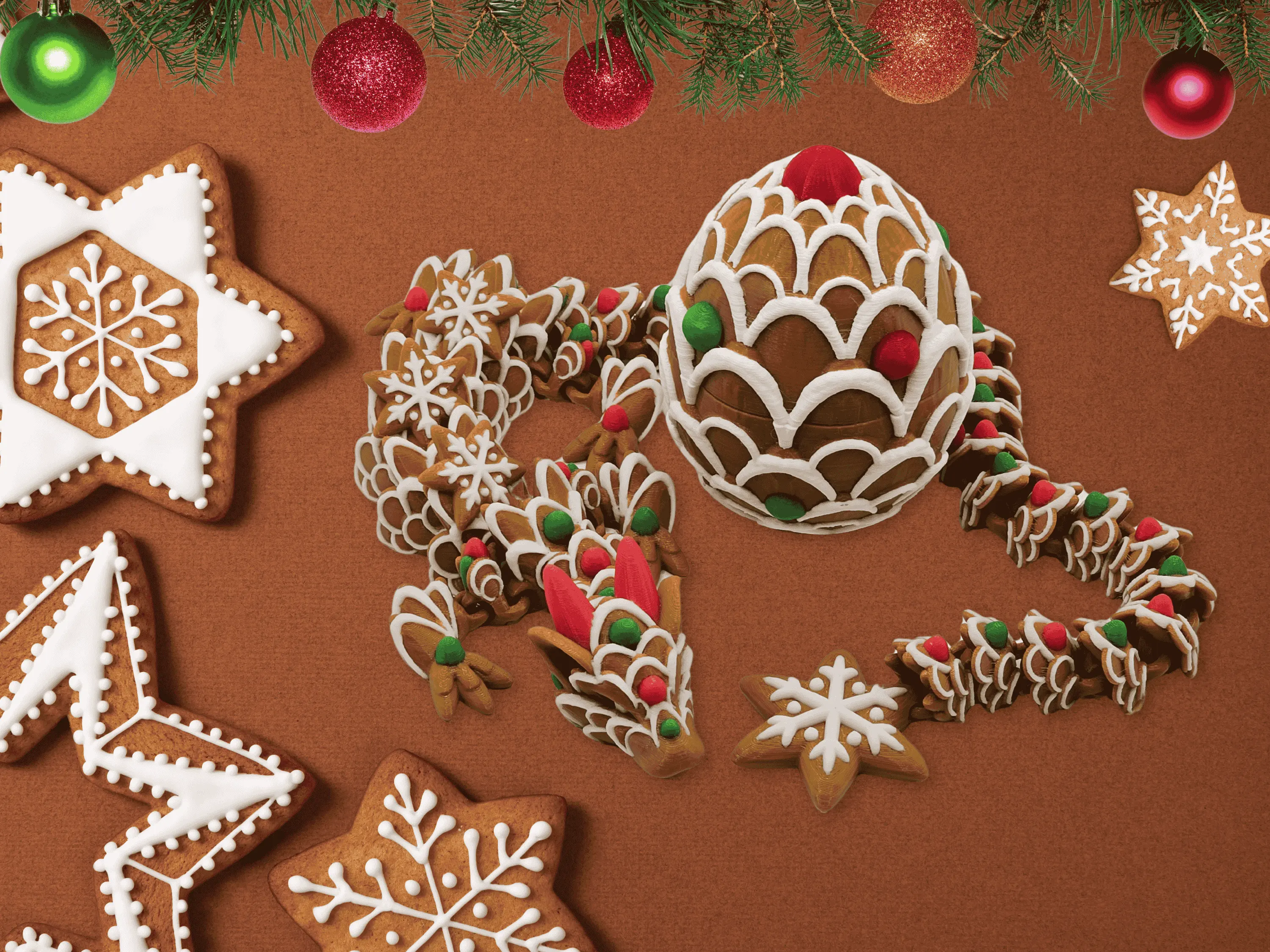 Gingerbread Cookie Dragon - 3DPrinted Holiday Figurine with Snowflake Scales & Festive Gumdrop Accents - Articulating Christmas Decor Gift - 23.5'' Long