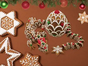 Gingerbread Cookie Dragon - 3DPrinted Holiday Figurine with Snowflake Scales & Festive Gumdrop Accents - Articulating Christmas Decor Gift - 23.5'' Long