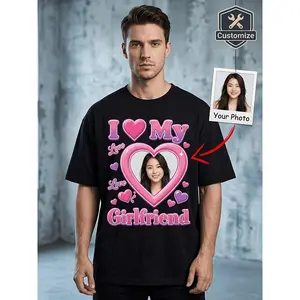 Men' Custom Photo T-Shirt Personalized Face Picture & I Love My Girlfriend Heart Print Suitable for Couples Gift, Soft Breathable Crewneck Short Sleeve Tee Boyfriend Husband Valentines Day Anniversary