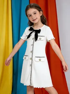 Girls Elegant A-Line Flattering Shape Knit Dress with Bowknot and Pearl Cuffs, Soft Fabric Birthday Party for Kids