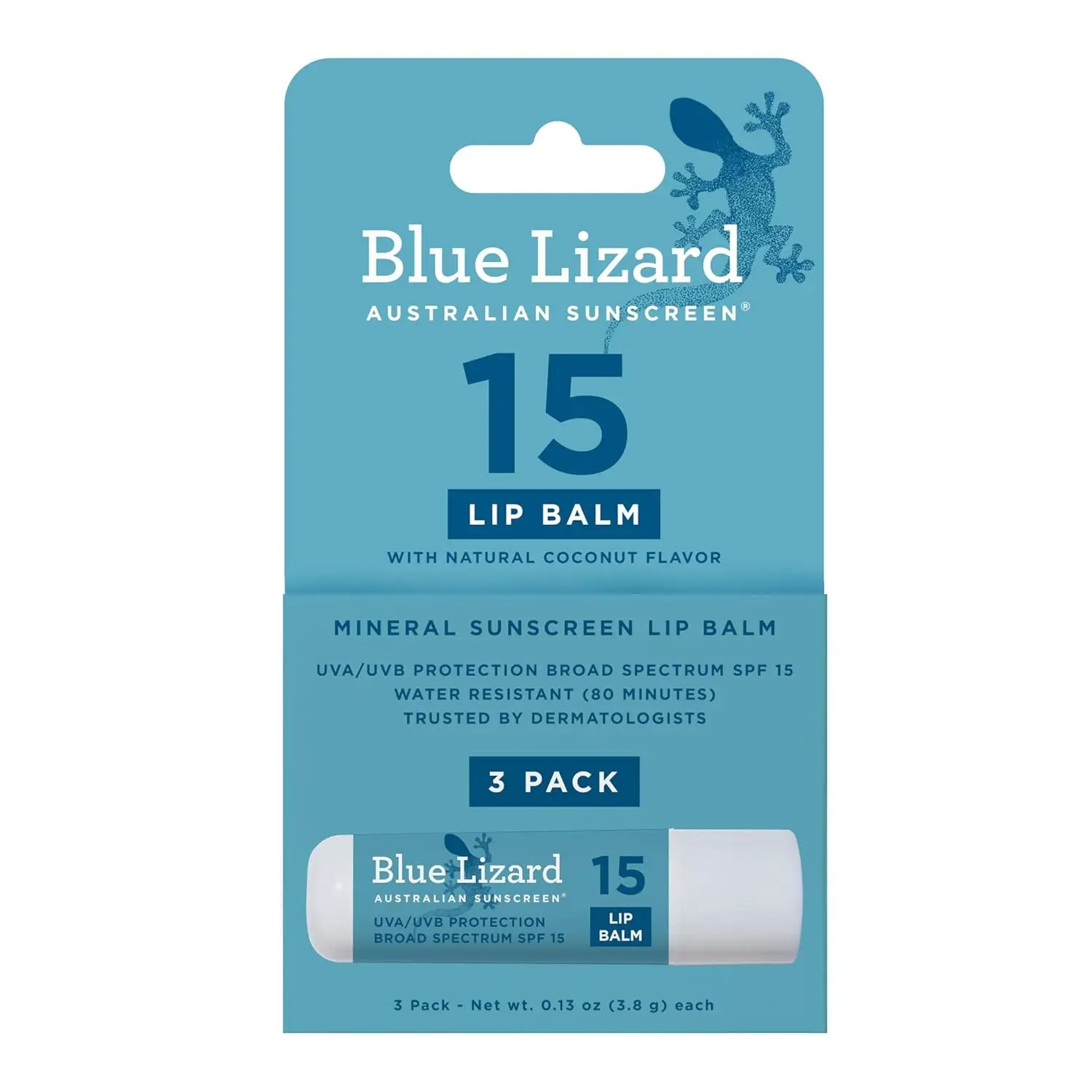 BLUE LIZARD Mineral SPF 15 Lip Balm, 3-Pack: Broad Spectrum Sun Protection, Natural Coconut Flavor, 8 Natural Oils, Infused with Australian Kakadu Plum, Rich in Vitamin C, Vegan, Each Tube 0.13 oz.