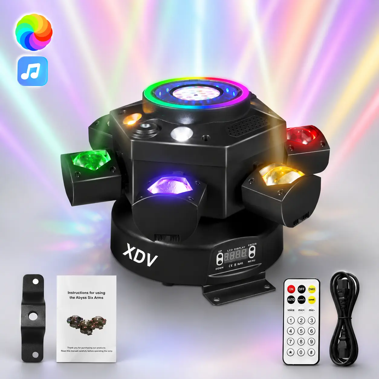 XDV 6-IN-1 DJ Party Light – 120W RGBW Moving Head with Laser, Strobe & Bee-Eye, DMX & Sound Activated， For Halloween Party