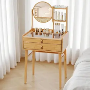 Vanity Desk with Mirror, Bamboo Makeup Vanity Set w/ 2 Drawers, 2 Shelves, Tabletop Storage Compartment Clear Tempered Glass Tabletop, Small Bedroom Dressing Table for Adult Teens