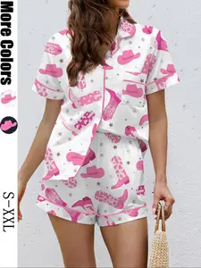 Women's Western Denim Style Printed Pajama Set Loungewear, Casual Fitted Shirt Collar Button Short Sleeve Top & Elastic Shorts, Soft Stretchy Fabric