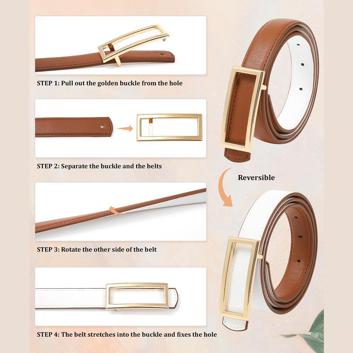 Women Fashion Reversible PU Leather Belt Two-in-One Female Versatile Skinny Adjustable Belt for Jeans Dress with Golden Buckle (Length 100/115/130cm) Women Fashion Reversible PU Leather Belt Two-in-One Female Versatile Skinny Adjustable Belt for Jeans Dress with Golden Buckle (Length 100/115/130cm)