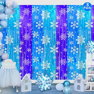 3 Pack Snowflake Foil Fringe Curtains – Frozen Birthday Backdrop Winter Party Photo Booth Decorations 3.3x6.6ft