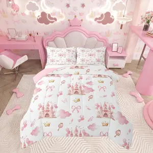 Feelyou Castle Print Duvet Insert Set - Microfiber Soft Breathable Fabric, Fairytale Look Bedding, Multi-Size Cute Bowknot Design Blanket for Kids' Bedroom Decor