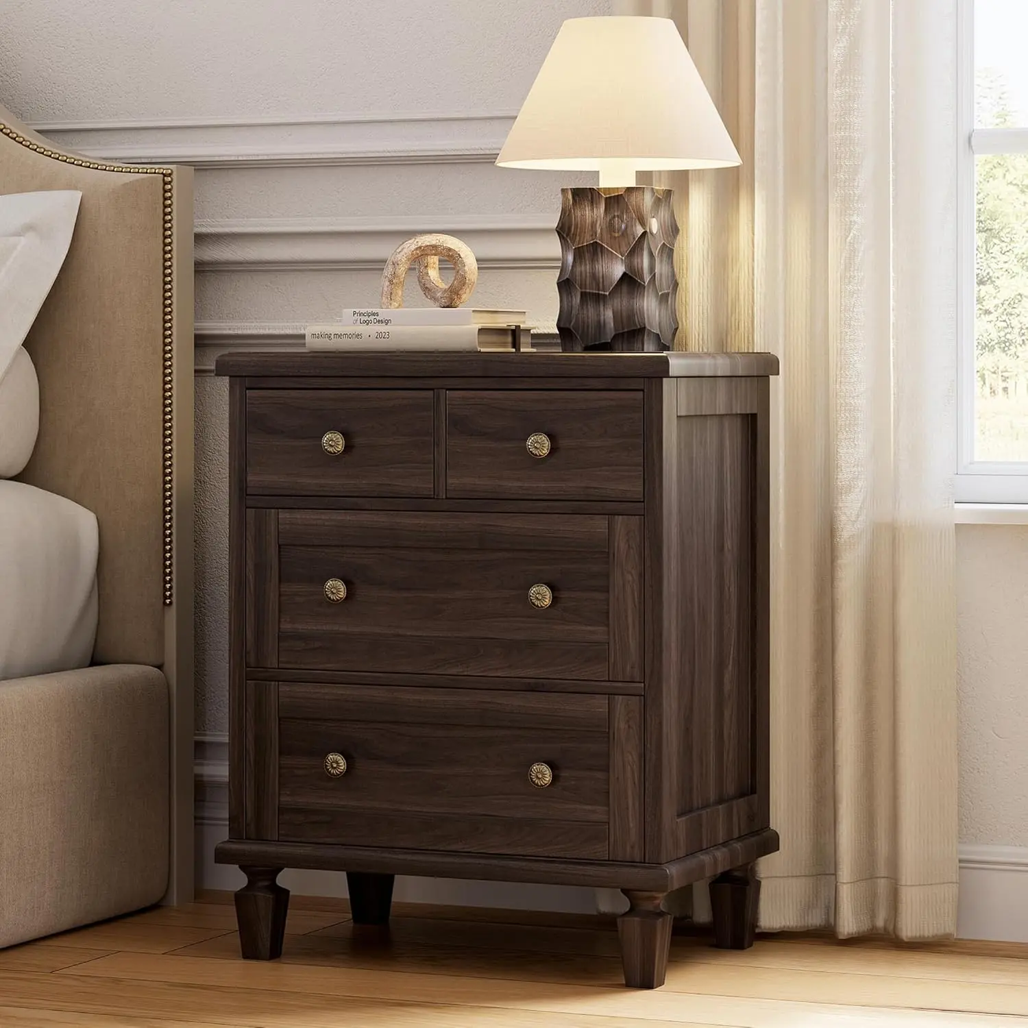 Classic Vintage 4-Drawer Solid Wood Dresser - Dark Brown Distressed Finish Indoor Cabinet and Storage Unit with Carved Handles, Tapered Legs, Reinforced Frame, Assembly Required for Bedroom Clothing Organization, Sturdy, Cupboard