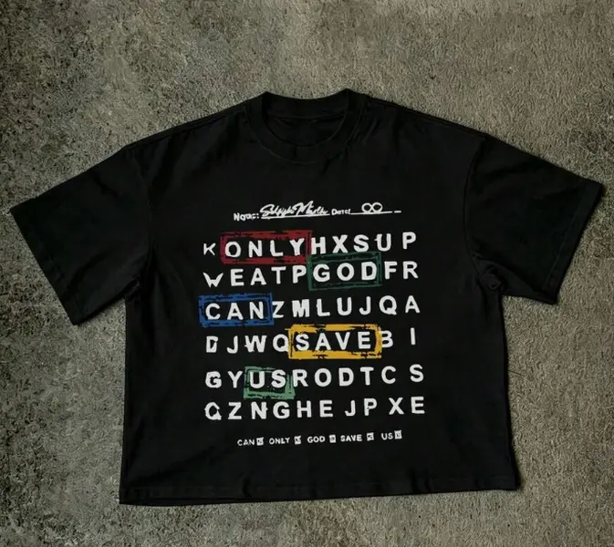 Hopeful redemptive vibe hidden code only god can save us block letter vintage graphic tee faith peace comfort cropped summer 100% cotton short sleeve adhesive print unisex black top