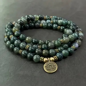 A Set Of 108 8mm Round Natural Moss And Agate Hand-beaded Beads With Inner Peace And Retro Bohemian Style Fashion Accessories For Women - A Dual-purpose Holiday Gift For Bracelets And Necklaces Green Imperial Jade