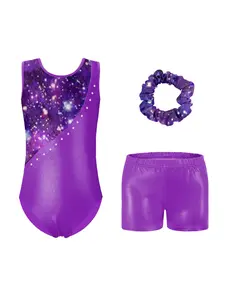 Girls' Star Print Rhinestone Sleeveless Gymnastics Tight Top Shorts Hair Tie Set, Ballet Dance, 3 Piece Set, Kids Girls Clothing, Sports Jersey Top