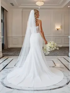 118" Cathedral Wedding Veil with Comb | Single Tier Long Bridal Tulle Veil | Elegant And Soft Sheer Hair Additions for The Bride | Trailing Veil