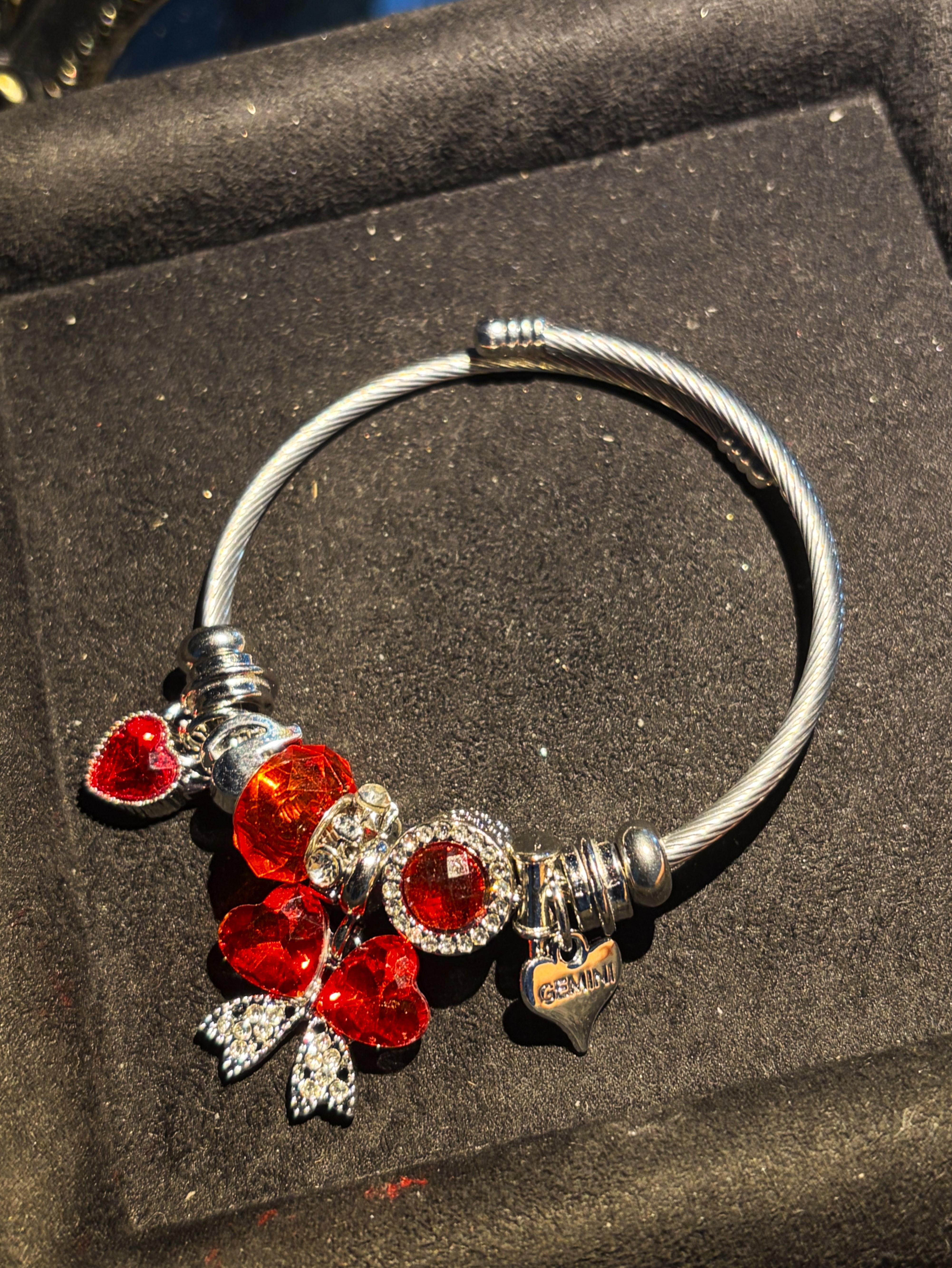 Women's Adjustable Open Silver-Tone Wire Bangle Bracelet, Sparkling Heart Butterfly Crystal Charm Design, 2-Color Red/Green Costume Jewelry, Fashion Statement Gift for Daily/Party Use