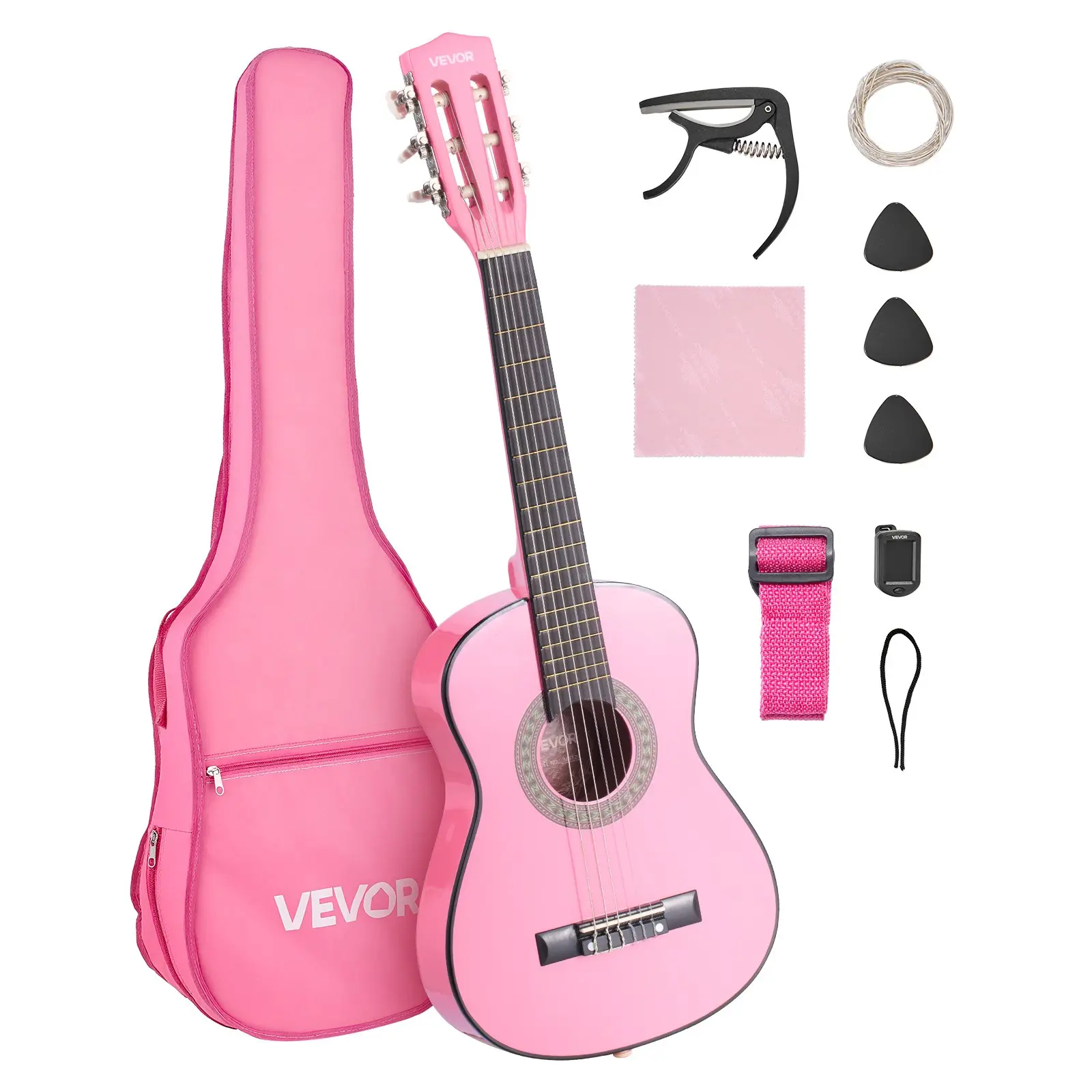 VEVOR 30-Inch Basswood Classical Guitar Starter Kit for Beginners, Guitars with Nylon Strings, Retro Finish, Rich Resonance, Effortless to Tune, Gig Bag, Strap, Extra Strings, Picks, Capo, Pink for Learning