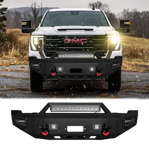 TIOYAR Steel Front Bumper Black Texture for 2024-2025 GMC Sierra 2500HD/3500 with Winch Plate LED Lights 2 x D-Rings Off-Road Performance