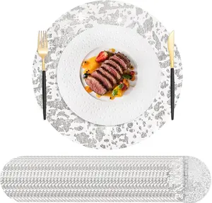 50 Pcs Disposable Silver Placemats Set Metallic 13 Inch Round Foil Mesh Pressed Table Doilies, Ultra-Thin Disposable Placement Mats for Home Decoration Dining Table Wedding Birthday Party