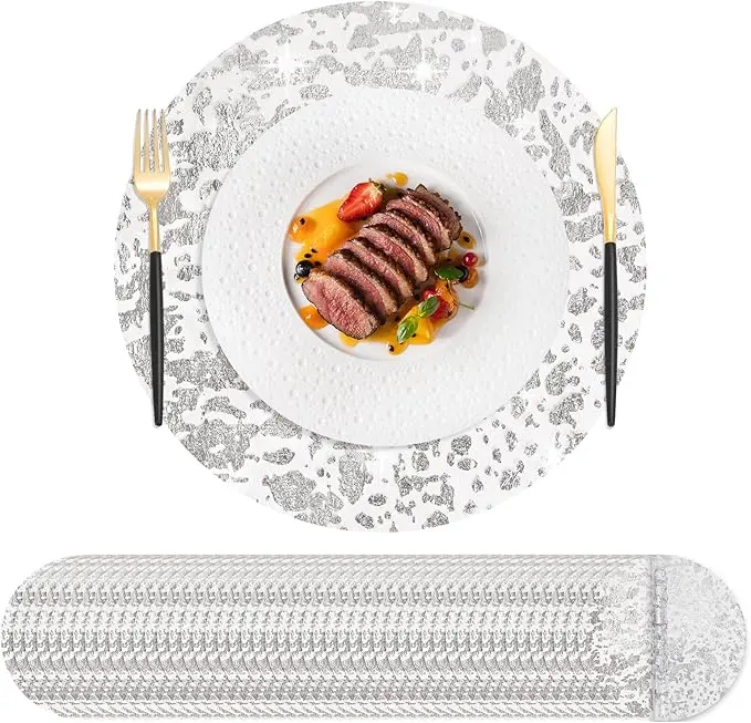 50Pcs Disposable Silver Tableware Set, 13-Inch Round Metallic Foil Mesh Pressed Table Doilies, Ultra-Thin Placemats for Home Decoration, Wedding, Birthday Party
