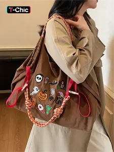 Japanese large-capacity cloth bag, Commuter bag, Casual crossbody bags, Casual Shoulder Bag, Halloween embroidery, simple design, lightweight commuting underarm tote bag, open design, suitable for commuting, shopping, leisure travel
