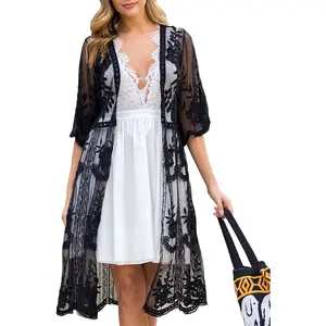 Women's Lace Cardigan Floral Crochet Sheer Beach Cover Ups Long Open KimonoGift